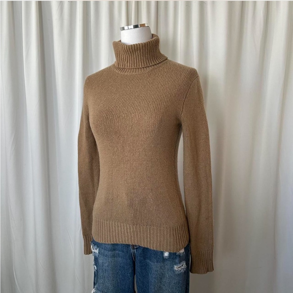 Vintage Cashmere Wool ribbed turtleneck sweater Tan Small. - Picture 3 of 8